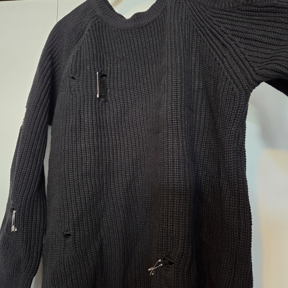 Black Cold Shoulder Distressed Sweater - Picture 2 of 4